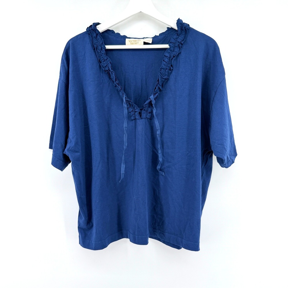 Victoria's Secret Gold Label Top Ruffle V-Neck Large Blue Womens Vintage Cotton